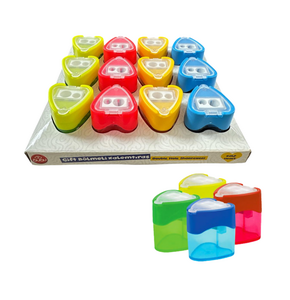 BUBU-KT0001 ŞEFFAF KALPLİ  KALEMTRAŞ ÇİFT DELİKLİ HAZNELİ 4 RENK 12'Lİ PAKET >