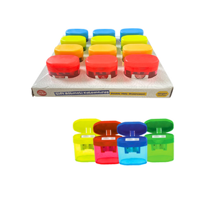 BUBU-KT0005 ŞEFFAF ALTIGEN KALEMTRAŞ ÇİFT DELİKLİ HAZNELİ 4 RENK 12'Lİ PAKET >