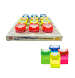 BUBU-KT0007 ŞEFFAF KARE KALEMTRAŞ ÇİFT DELİKLİ HAZNELİ 4 RENK 12'Lİ PAKET >