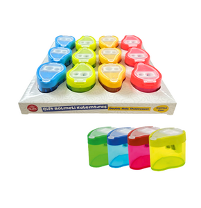 BUBU-KT0004 ŞEFFAF DAMLA KALEMTRAŞ ÇİFT DELİKLİ HAZNELİ 4 RENK 12'Lİ PAKET >
