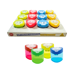 BUBU-KT0002 ŞEFFAF ÜÇGEN KALEMTRAŞ ÇİFT DELİKLİ HAZNELİ 4 RENK 12'Lİ PAKET >